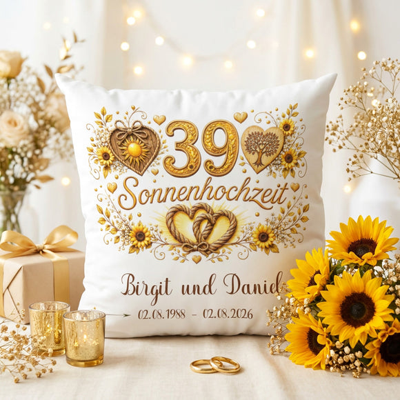 Geschenk 39. Hochzeitstag – personalisiertes Kissen zur Sonnenhochzeit mit Namen und Datum