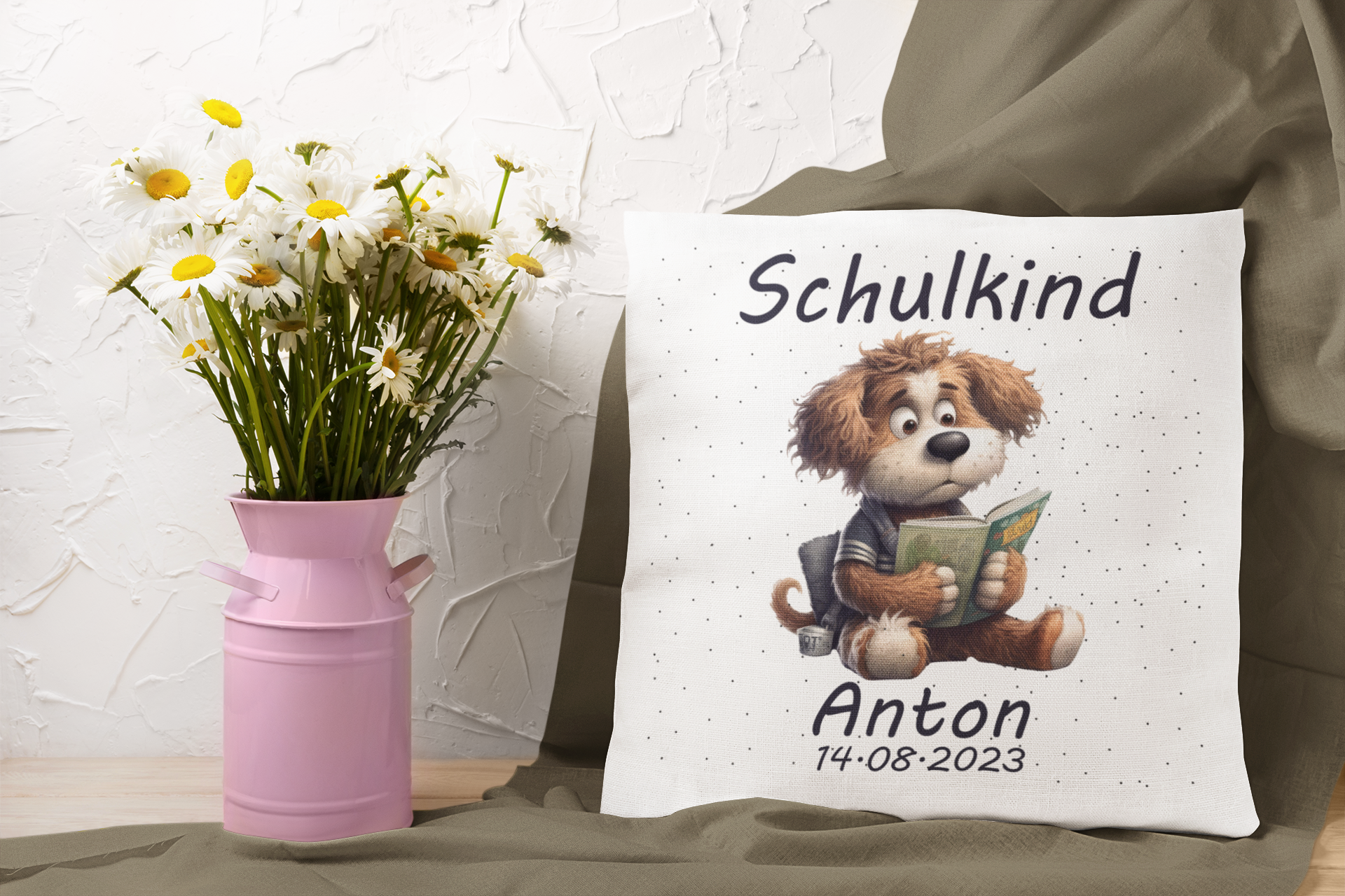 Geschenk Einschulung| Kissen mit Namen Mädchen Jungen| Geschenke 1. Klasse |originelle Schulkind Geschenke Personalisiert Junge Hund