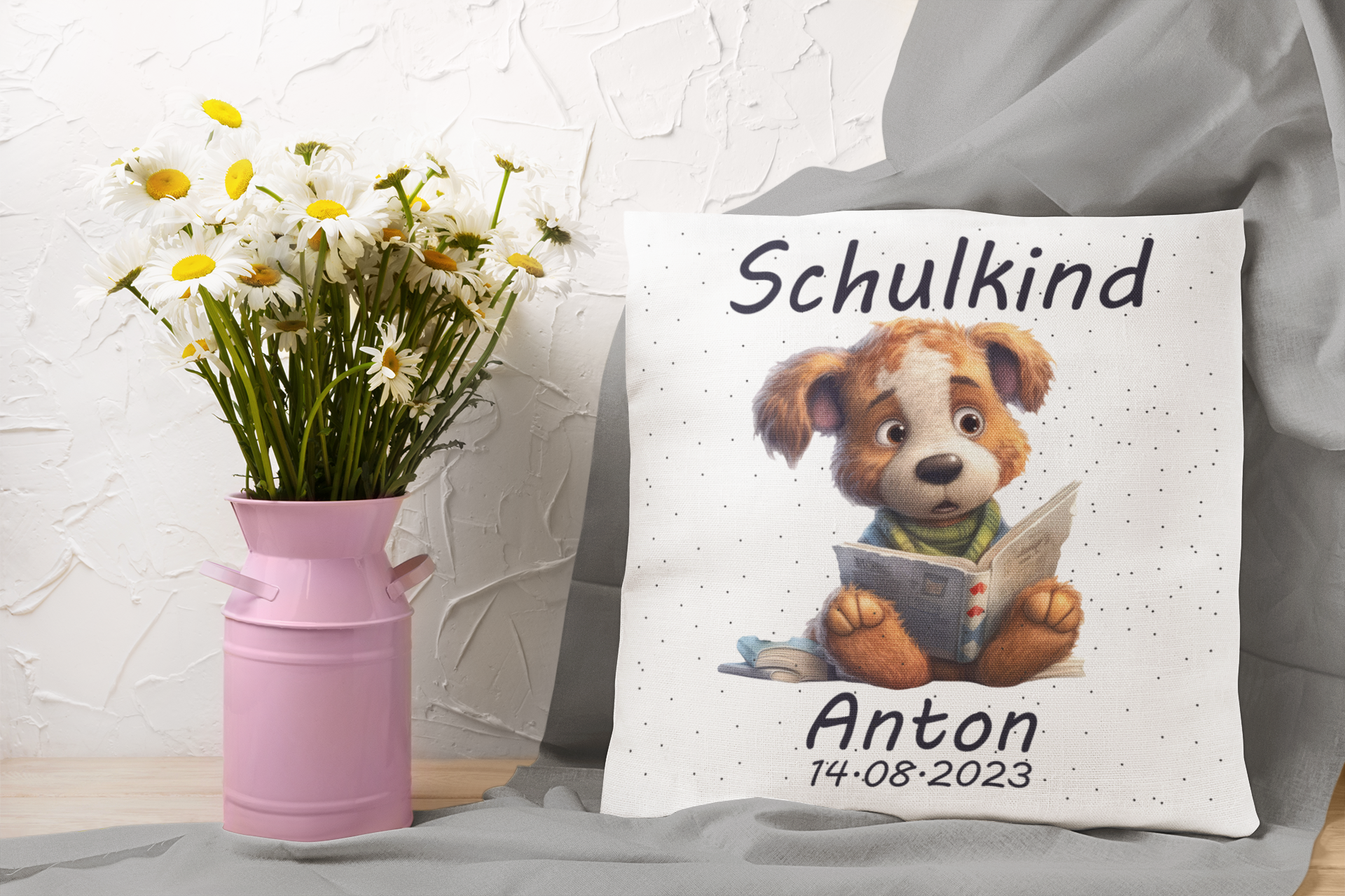 Einschulungs Geschenk | Kissen mit Namen Mädchen Jungen| Geschenke 1. Klasse |originelle Schulkind Geschenke Personalisiert Junge hund