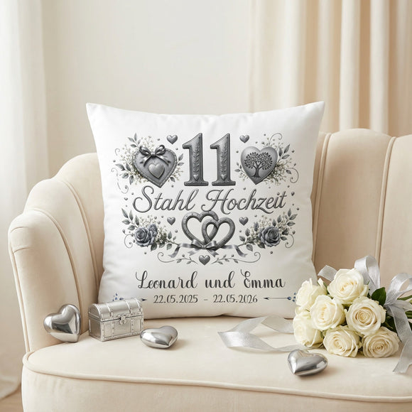 Geschenk zum 11. Hochzeitstag mit edlem Stahl-Design und Namen des Ehepaares