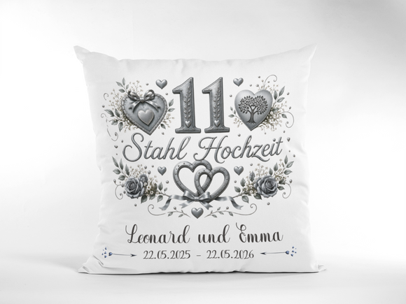 Geschenk 11. Hochzeitstag – personalisiertes Kissen zur Stahlhochzeit mit Herzmotiv und Namen