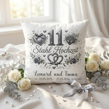 Geschenk Stahlhochzeit – personalisiertes Kissen mit Namen und Datum zum 11. Hochzeitstag