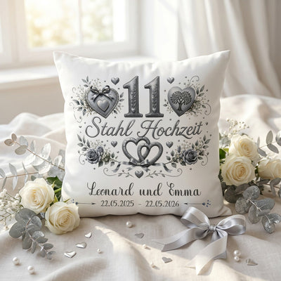 Geschenk Stahlhochzeit – personalisiertes Kissen mit Namen und Datum zum 11. Hochzeitstag