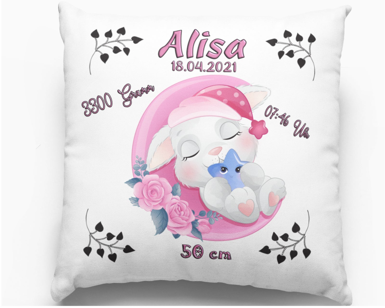 Kissen als Geschenk zur Taufe oder Geburt mit Namen & Datum Babykissen Hasi personalisiertes Geburtskissen