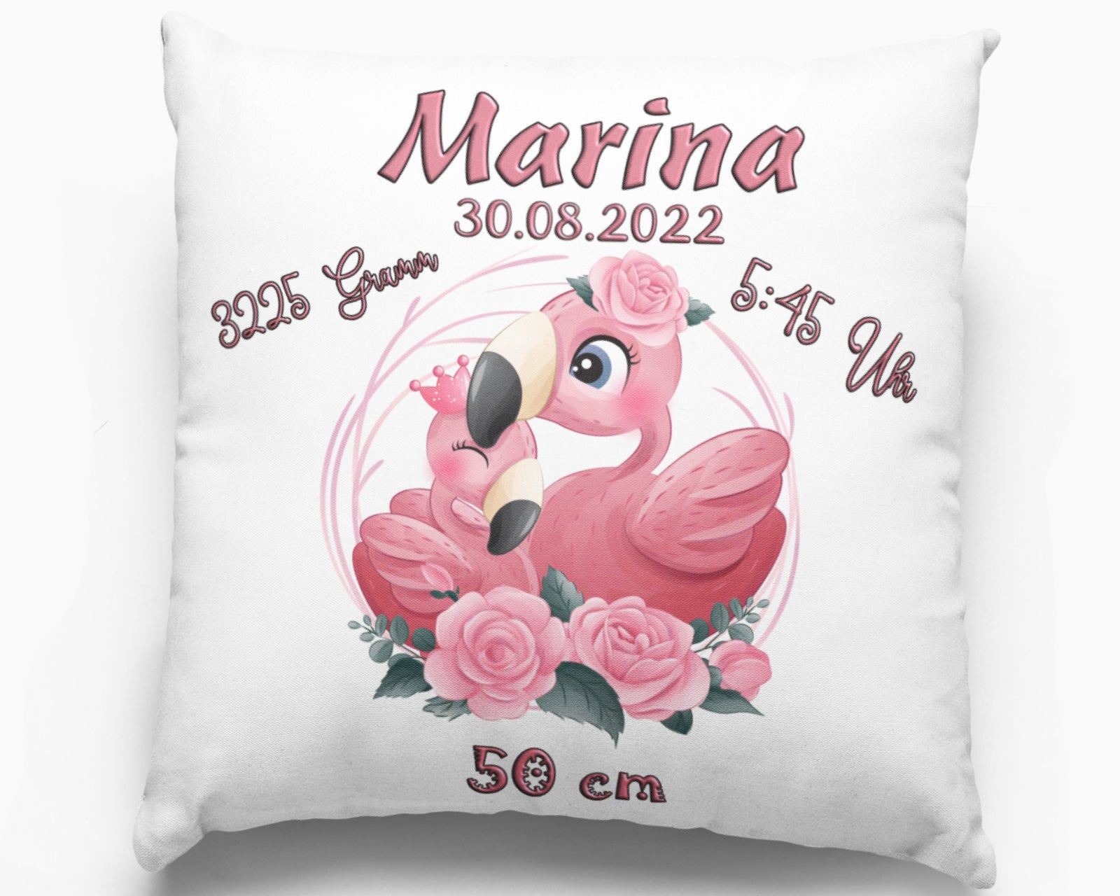 Kissen als Geschenk zur Taufe oder Geburt mit Namen & Datum Babykissen Flamingo personalisiertes Geburtskissen