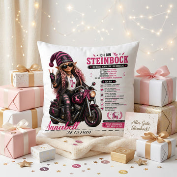 Geschenk Sternzeichen Steinbock Frau – personalisiertes Kissen mit Bikerin, Motorrad, Name und Geburtsdatum