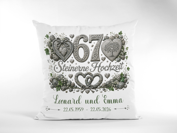 Geschenk zum 67. Hochzeitstag mit Steinen Herzen und grünen Efeublättern
