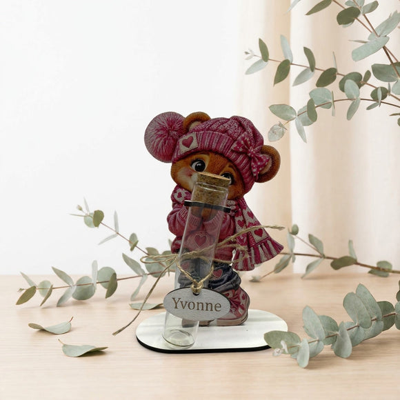 Personalisiertes Geldgeschenk Frau mit pinkem Teddy und Wunschname
