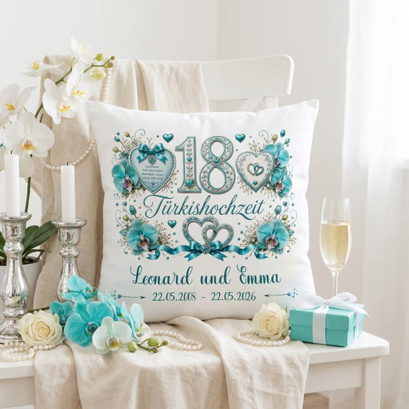 Personalisiertes Jubiläumskissen für 18 Jahre Ehe im eleganten Türkis-Design
