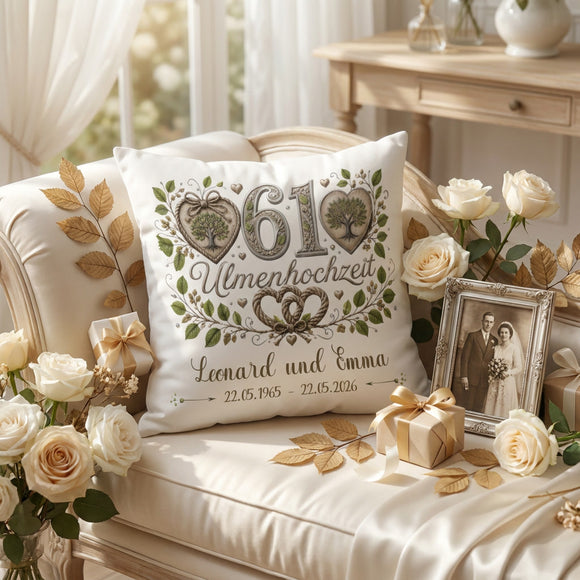 Ulmenhochzeit Kissen personalisiert mit großer 61 und Lebensbaum