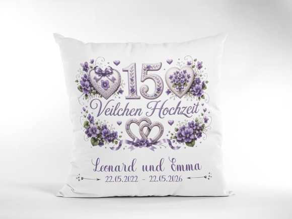 Geschenk Veilchenhochzeit – personalisiertes Kissen mit Namen und Datum