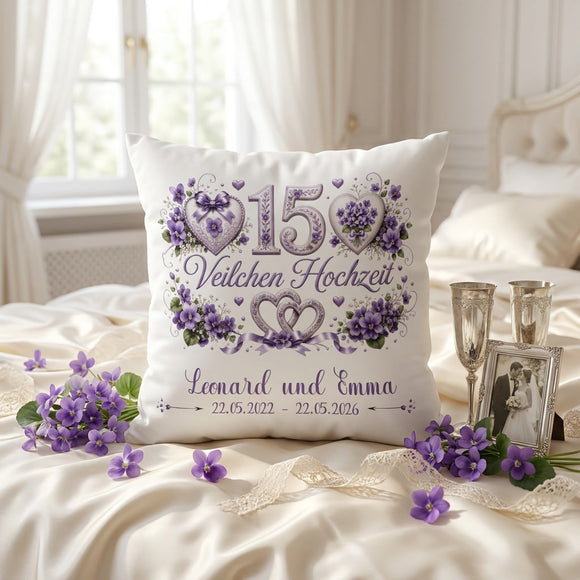Personalisiertes Jubiläumskissen für 15 Jahre Ehe im eleganten Veilchen-Design