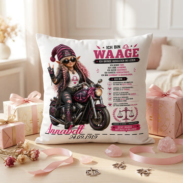 Geschenk Sternzeichen Waage Frau – personalisiertes Kissen mit Bikerin, Motorrad, Name und Geburtsdatum