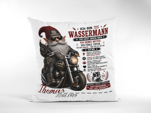 Geschenk für Wassermann Mann – individuelles Sternzeichen Kissen mit Wunschname, Geburtsdatum und Biker Motiv