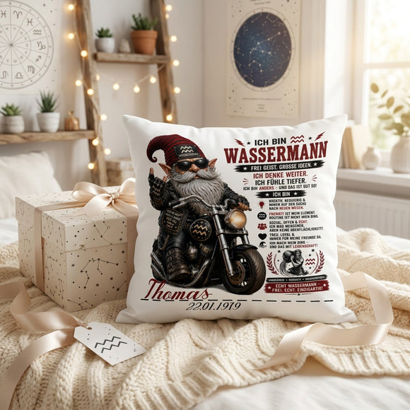Biker Geschenk für Wassermann Mann – individuelles Männer Kissen mit Motorrad Motiv, Name und Geburtsdatum