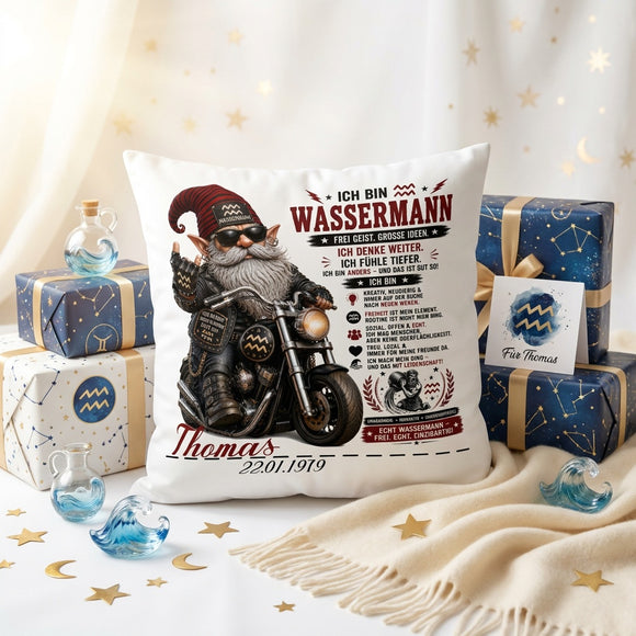 Personalisiertes Kissen Sternzeichen Wassermann mit Name und Geburtsdatum als besonderes Geschenk für Männer