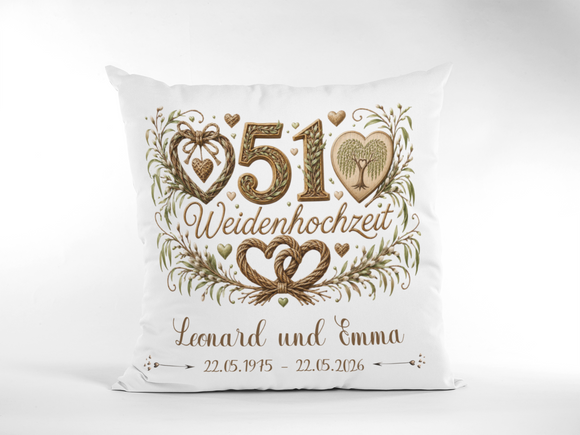 Hochwertiges Kissen zur Weidenhochzeit mit Namen, Datum und Weidenmotiv