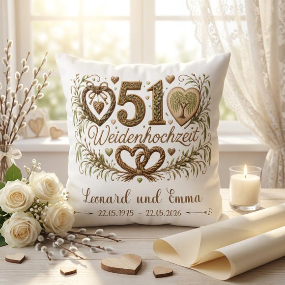 Personalisiertes Kissen zur Weidenhochzeit mit Weidenzweigen, Herzen und Lebensbaum