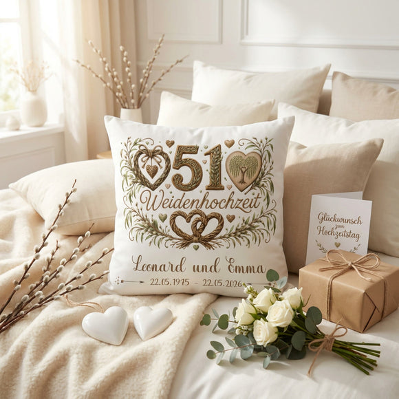 Geschenk 51. Hochzeitstag – personalisiertes Kissen zur Weidenhochzeit mit Namen und Datum