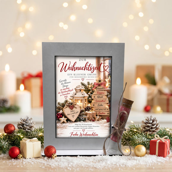 Geldgeschenk zu Weihnachten mit Laterne, Holzbaum, Sternen und austauschbarer Motivkarte