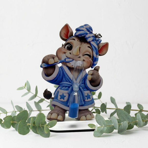 Zahnputzuhr Nashorn Blau mit Sternen Bademantel und gestreifter Mütze