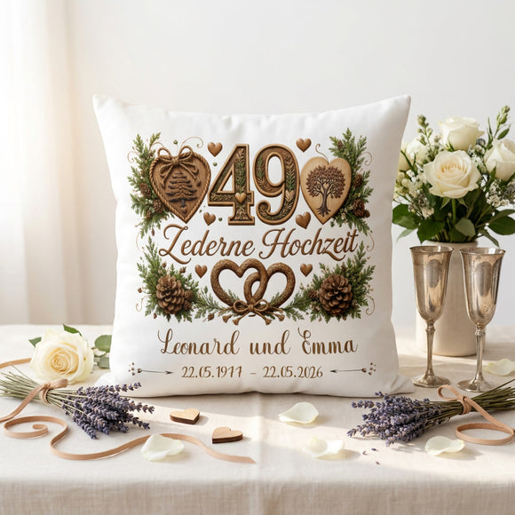 Personalisiertes Jubiläumskissen für 49 Jahre Ehe mit Zedernzweigen und Herzen