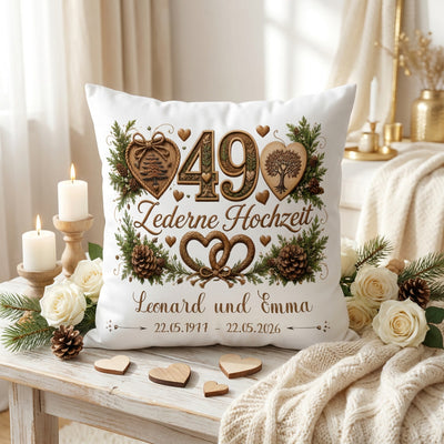 Geschenk Zederne Hochzeit – personalisiertes Kissen mit Namen und Datum zum 49. Hochzeitstag