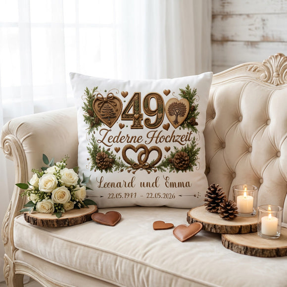 Geschenk Zederne Hochzeit – personalisiertes Kissen mit Namen und Datum