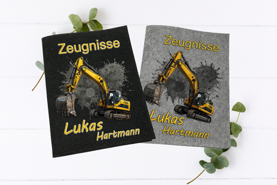 Personalisierte Zeugnismappe mit Bagger Motiv für Jungen zur Einschulung