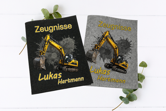 Personalisierte Zeugnismappe mit Bagger Motiv für Jungen zur Einschulung