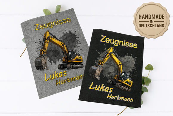Personalisierter Zeugnisordner für Jungen mit Baustellenfahrzeug