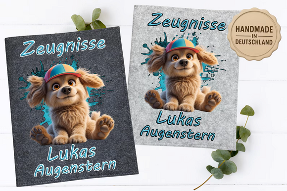 Geschenk zur Einschulung mit Hund Design und Filzmappe