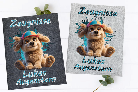 Individuelle Zeugnishülle mit Namen und Hundemotiv