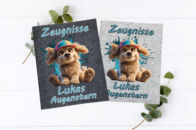 Personalisierte Zeugnismappe mit süßem Hundemotiv zur Einschulung