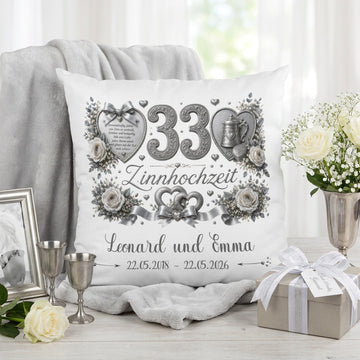 Geschenk Zinnhochzeit – personalisiertes Kissen mit Namen und Datum zum 33. Hochzeitstag