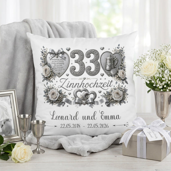 Geschenk Zinnhochzeit – personalisiertes Kissen mit Namen und Datum zum 33. Hochzeitstag