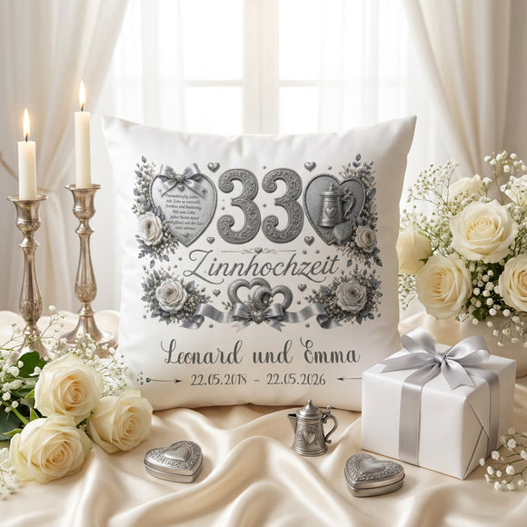 Geschenk Zinnhochzeit – personalisiertes Kissen mit Namen und Datum