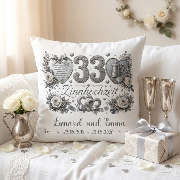 Geschenk zum 33. Hochzeitstag mit romantischem Zinnhochzeit-Design und Namen des Ehepaares