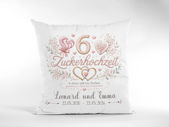 Dekokissen zum 6. Hochzeitstag mit individueller Personalisierung