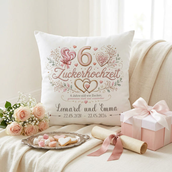 Zuckerhochzeit Kissen personalisiert mit Namen und Datum zum 6. Hochzeitstag