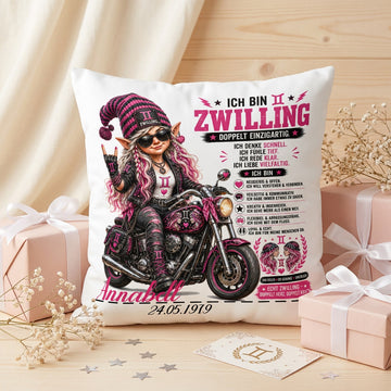 Geschenk Sternzeichen Zwilling Frau – personalisiertes Kissen mit Bikerin, Motorrad, Name und Geburtsdatum