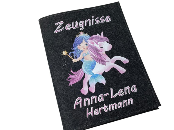 Zeugnismappe mit Namen aus Filz (A4) incl.zeugniss Hefter Einschulung Geschenk Zeugnis mappe personalisiert Einhorn Meerjungfrau