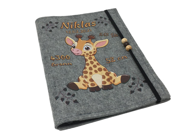 U Heft Hülle Filz mit Namen datum Impfpass fach Giraffe untersuchungsheft hülle personalisiert geschenk geburt hell