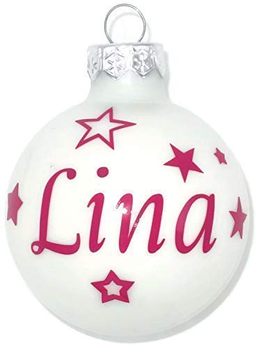Weihnachtskugel mit Name aus Glas 6cm Wunschtext Weiß Glänzend Personalisierte Christbaumkugel