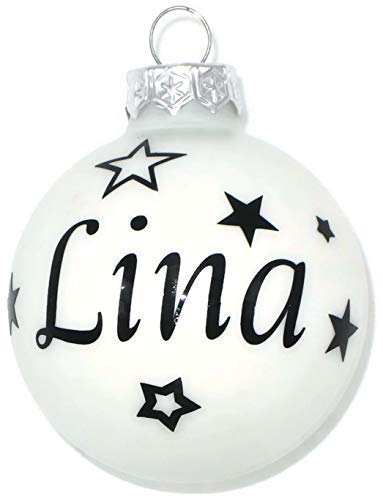 Weihnachtskugel mit Name aus Glas 6cm Wunschtext Weiß Glänzend Personalisierte Christbaumkugel