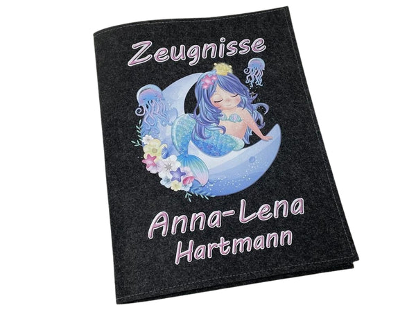 Zeugnismappe mit Namen aus Filz (A4) incl.zeugniss Hefter Einschulung Geschenk Zeugnis mappe personalisiert Meerjungfrau