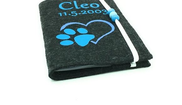 EU-Heimtierausweis / Impfpass / Herz Pfote Blau/ mit Namen Hülle Hund