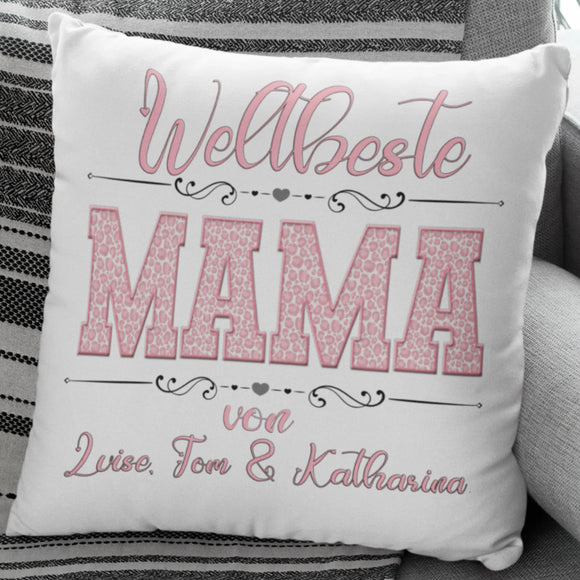 Geschenk für Mama – weißes Kissen in Rosa, Namen und Widmung