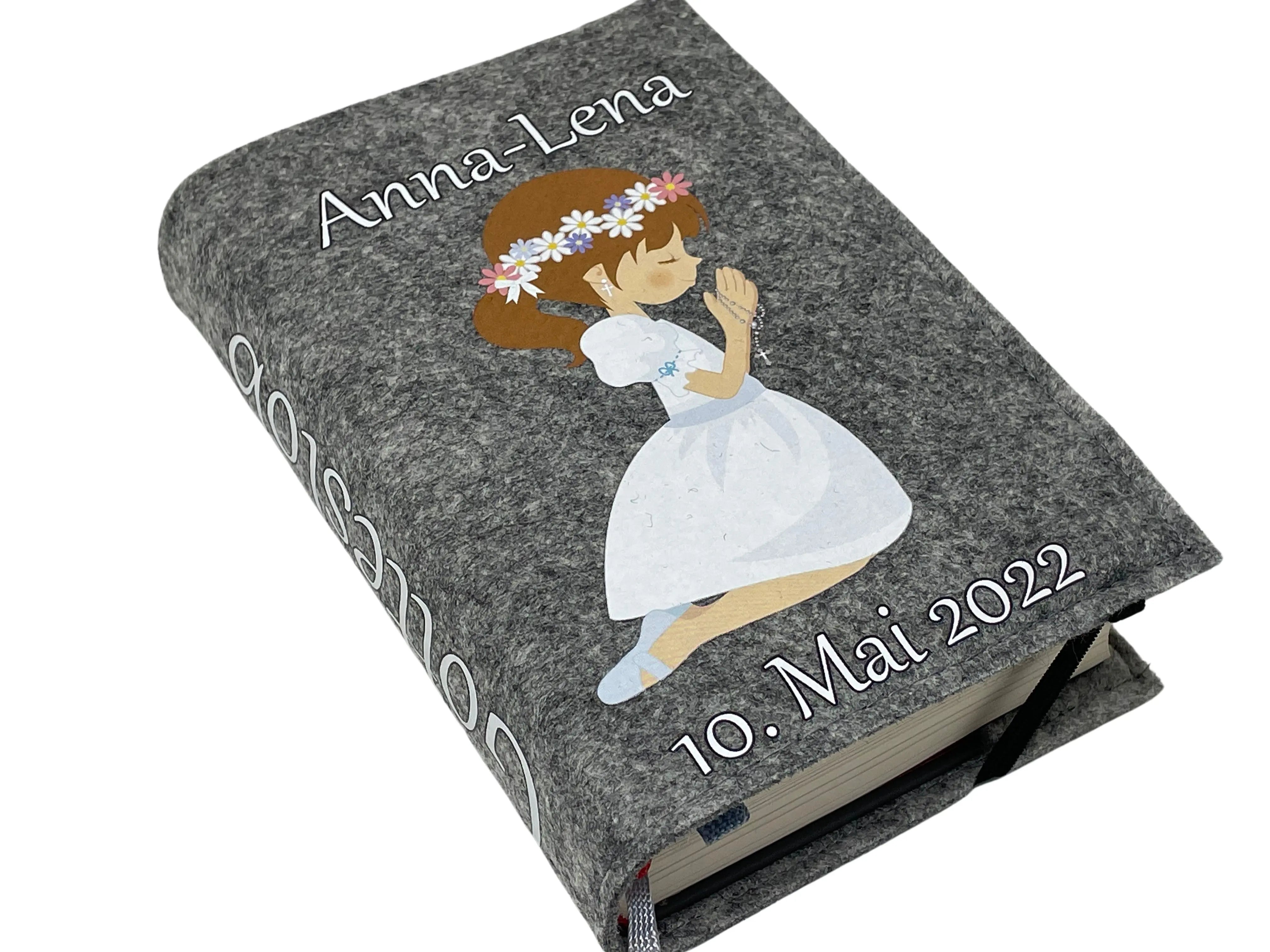 Gotteslobhülle mit Namen aus Filz Blumenmädchen Braun Gesangbuch einband Kommunion gotteslob hülle Fadensalat-shop