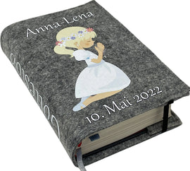 Gotteslobhülle mit Namen aus Filz Blumenmädchen blond Gesangbuch einband Kommunion gotteslob hülle Fadensalat-shop